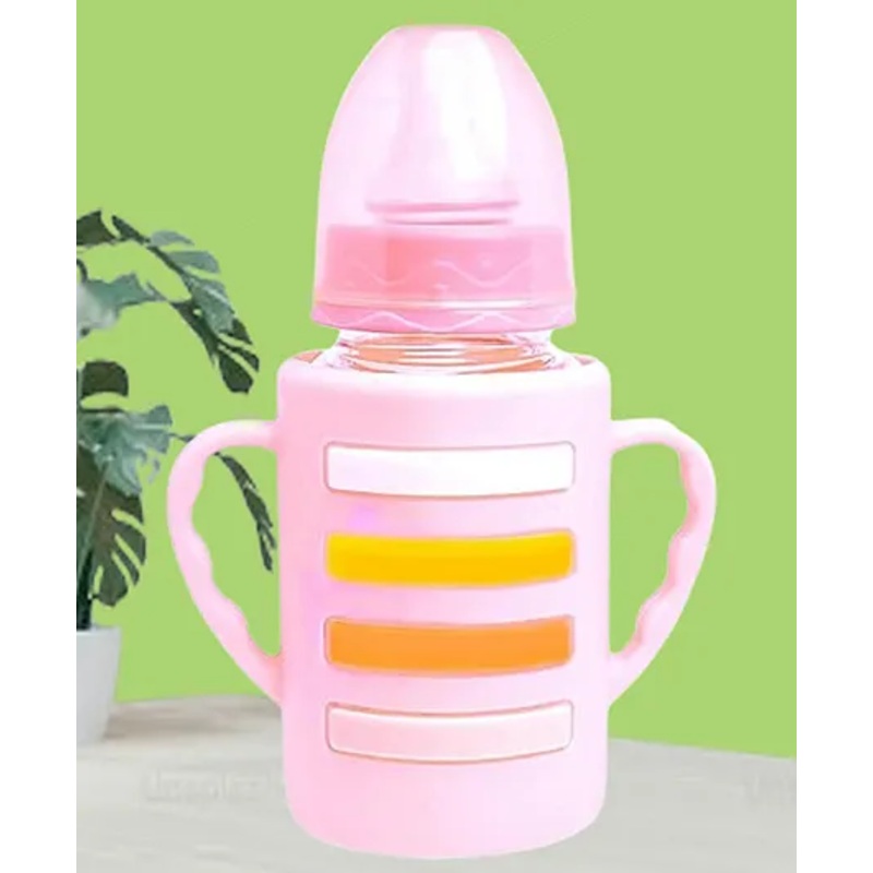 The Cheeky Kidzz Baby Borosilicate Glass Feeding Twin Handles Anti Colic Feeder Bottle BPA Free – 120 ml  (PINK STRIP)