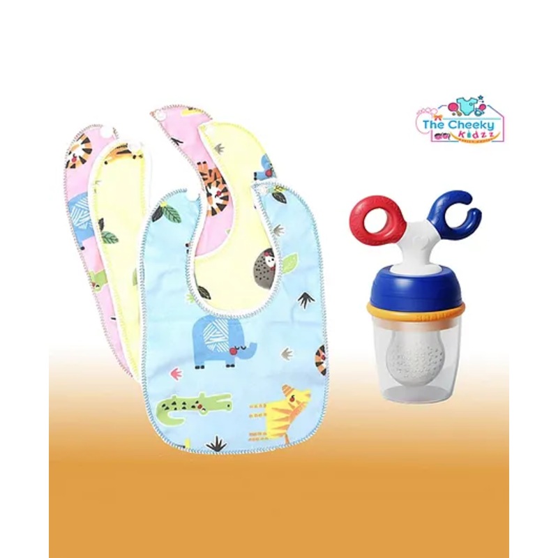 The Cheeky Kidzz Baby Food Feeder Silcone Fruit Vegetable Nibbler Soother Teether BPA Free with 3 Cotton Feeding Bibs(MULTI-COLOR)