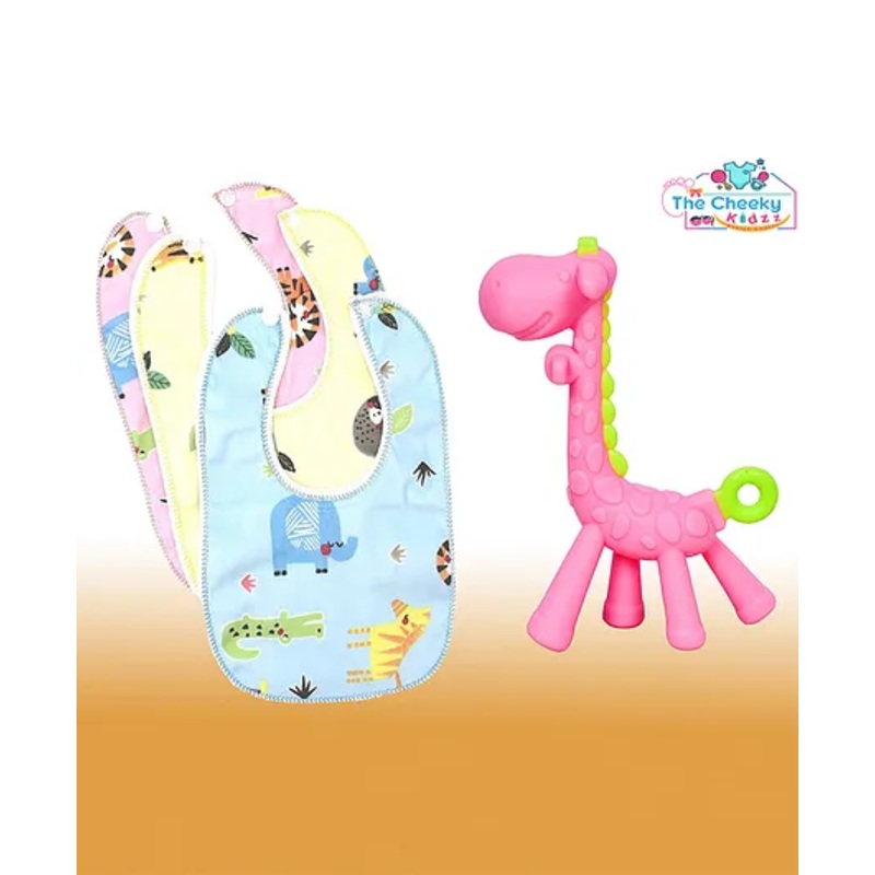 The Cheeky Kidzz Baby Giraffe Shape Soft Silicone Teething Toy for Oral Dental Car Non-Toxic Flexible BPA Free with 3 Feeding Bibs (PINK)