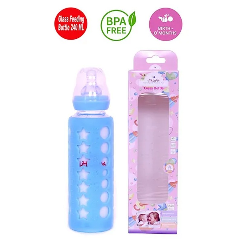 The Little Lookers Glass Feeding Bottle With Silicone Warmer Cover Blue – 240 ml