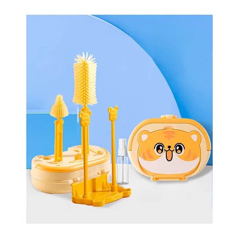 Tony Stark 6 in 1 Baby Bottle cleaning Brush Set with Silicone Bottle Brush, Nipple Cleaner Brush, Straw Brush, Soap Dispenser, Storage Box, Bottle Drying Rack, silicone Bristles (Bear Design – Yellow)