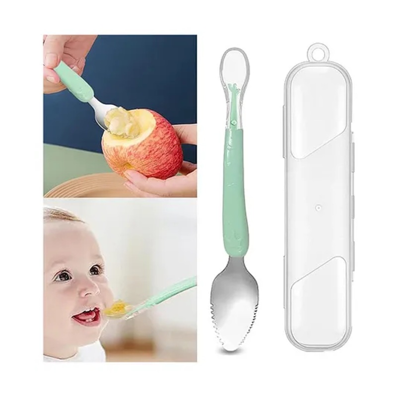 Tony Stark Baby Double Side Head 2 in 1 Silicone Food Spoon, Stainless Steel Fruit Scraper for Baby & Toddler, Fruit Scraping & Feeding Spoons with Travel Case (Pack of 1 – Multi Color)