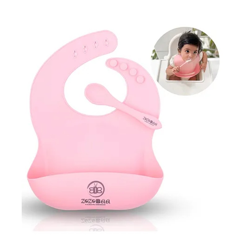 ZoZoBaa Silicone Baby Bib with Easy Grip Spoon For Feeding Toddlers|Waterproof & Reusable Bib with button for Infants |Soft, Light Weight, BPA Free, 1 Set, Pink