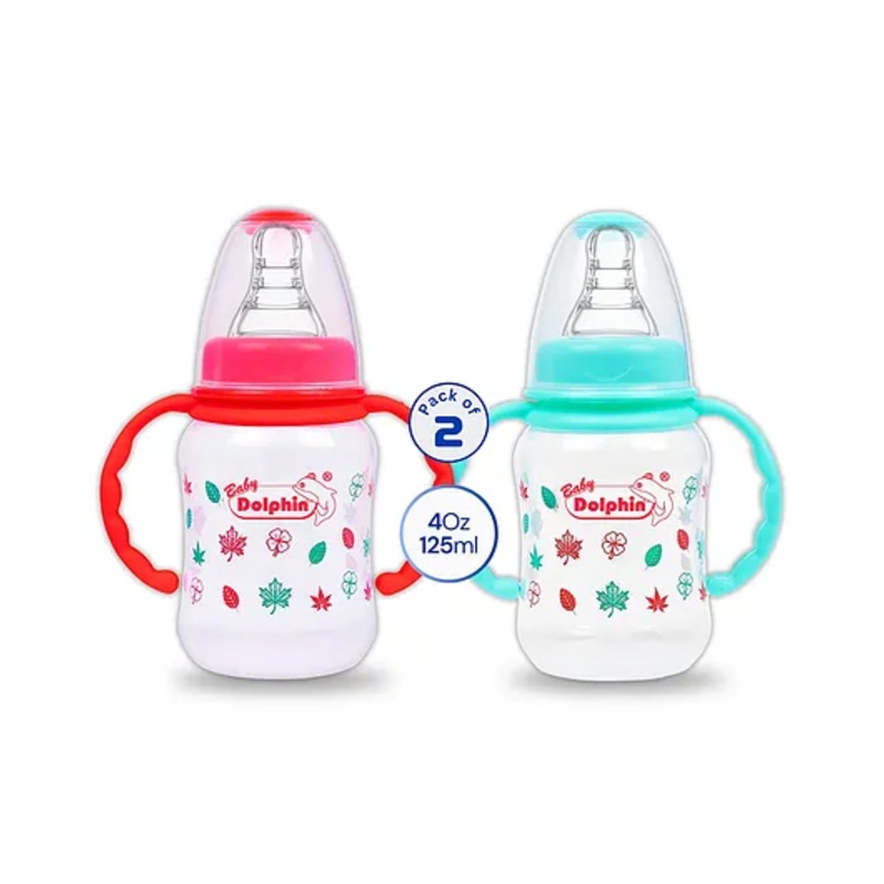 Baby Dolphin Anti-Colic Plastic Feeding Bottle with Handle | Pack of 2 | Liquid Silicone Nipple | BPA Free | Baby Feeder | Baby Milk Bottle | 125ml+125ml | Red & Green.