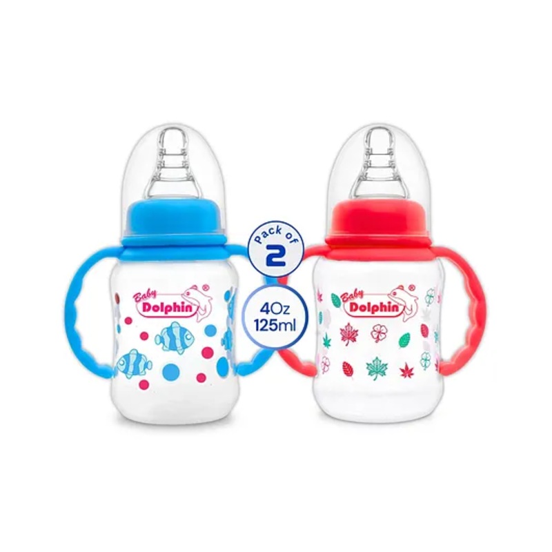 Baby Dolphin Anti-Colic Plastic Handle Feeding Bottle, BPA Free, Feeding Bottle with Handle- 125ml, Sky Blue & Red (Pack of 2)