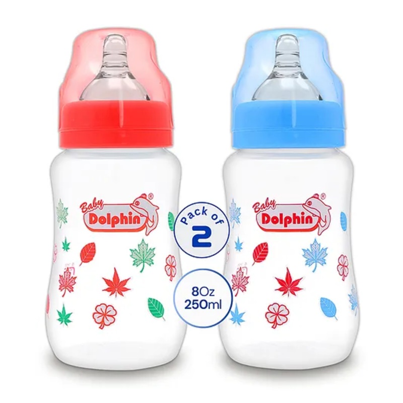 Baby Dolphin Anti-Colic Wide Neck Plastic Feeding Bottles | Pack of 2 | Anti Colic | Silicone Nipple | BPA Free |Baby Milk Bottle| 250ml + 250ml |Blue & Red.