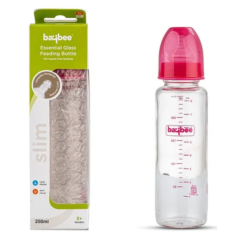 Baybee Slim Essential Glass Baby Feeding Bottle Pink – 250 ml