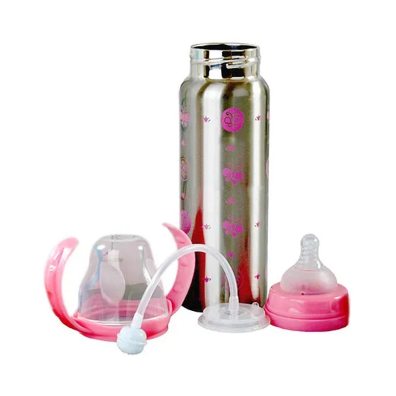 Fantasy India Stainless Steel Thermal Insulation Baby Feeding Bottle BPA Free Stylish Design with Handles Pink- 180 ml