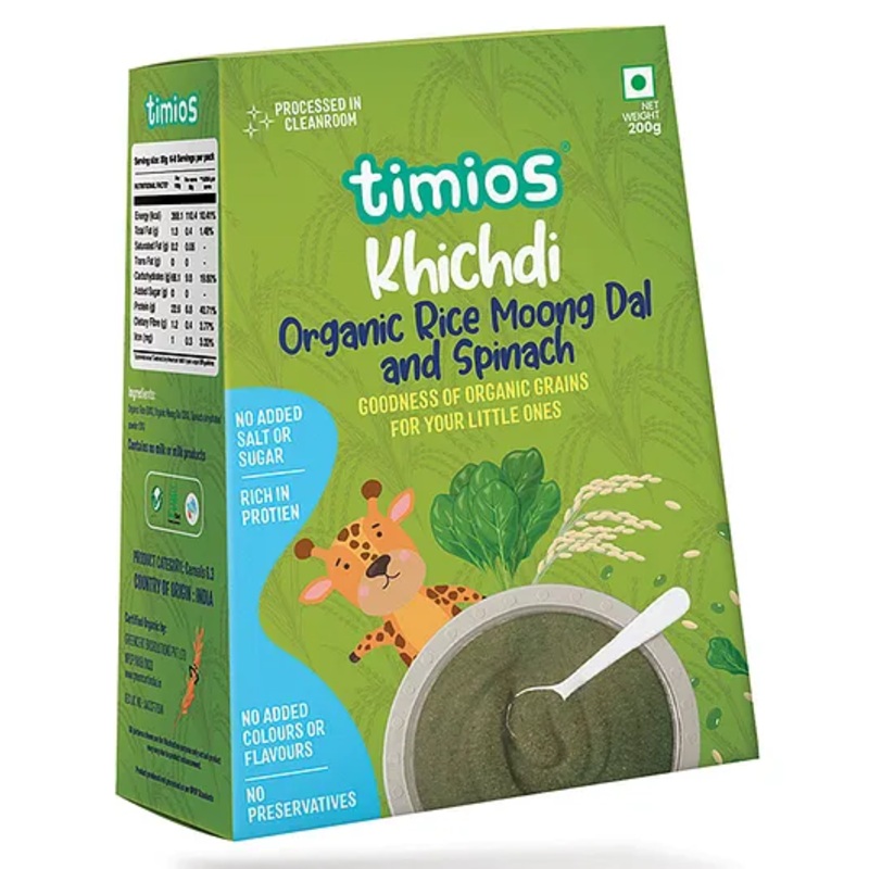 Organic Timios Rice, Dal and Spinach Porridge Mix – High Fiber Baby Cereal 200 g