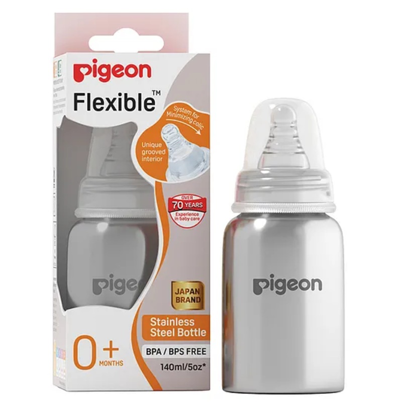 Pigeon Flexible Stainless Steel Feeding Bottle With Plastic Hood & Cap – 140 ml