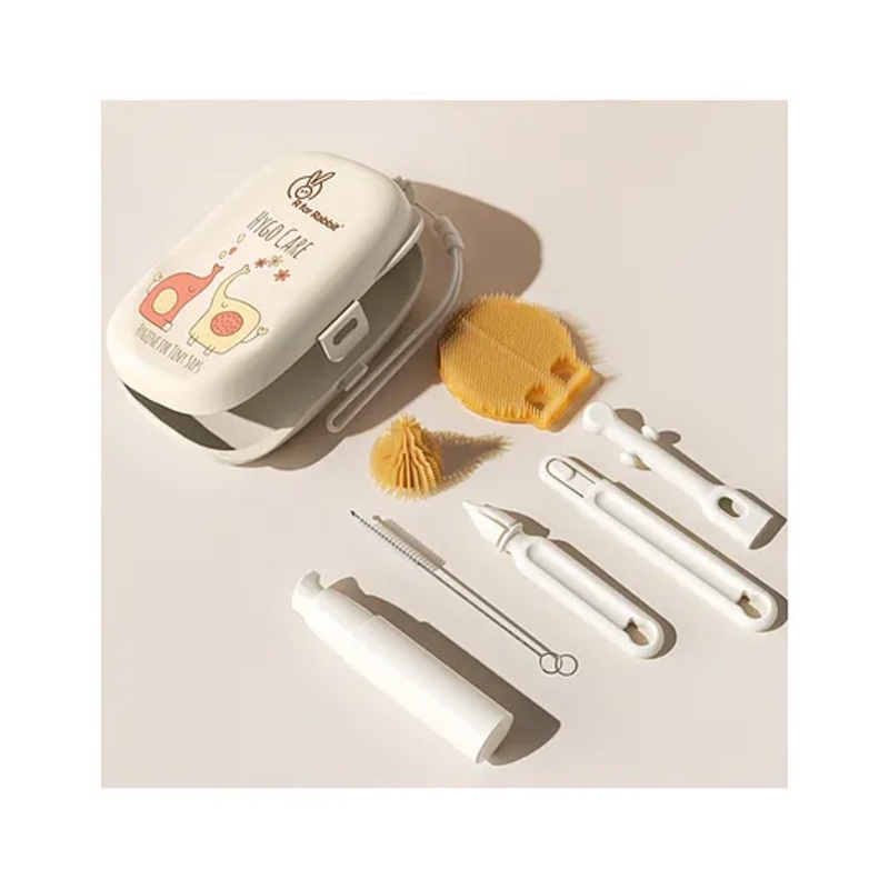 R for Rabbit Hygo Care Jumbo Baby Bottle Cleaning Brushes, Nipple, Straw & Feeding Bottle Cleaner Set with 30 ml Travel-Sized Spray Container, BPA-Free Silicone Bristles, Built-in Drying Rack (Beige)