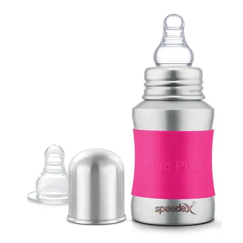 Speedex Stainless Steel Baby Feeding Bottle  150ml | Pink | Internal ML Marking | Silicone Stopper & Grip | 1 Extra Nipple Included