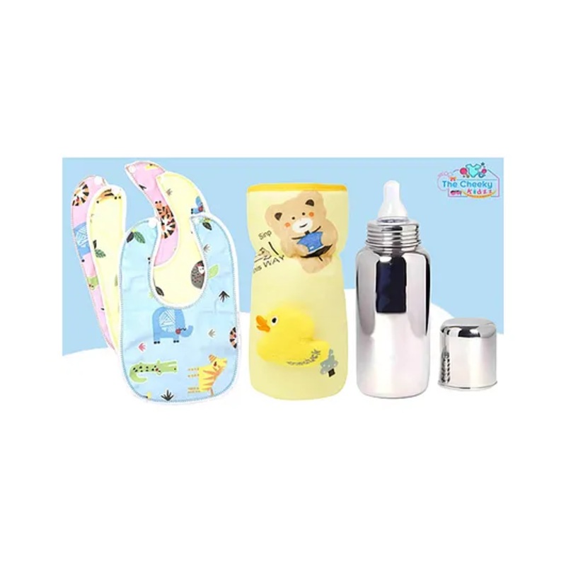 The Cheeky Kidzz Baby Stainless Steel Feeder Liquids Milk Juices Anti-Slip Feeding 240ml Bottle With Cute Bottle Cover and 3 Cotton Bibs (YELLOW)
