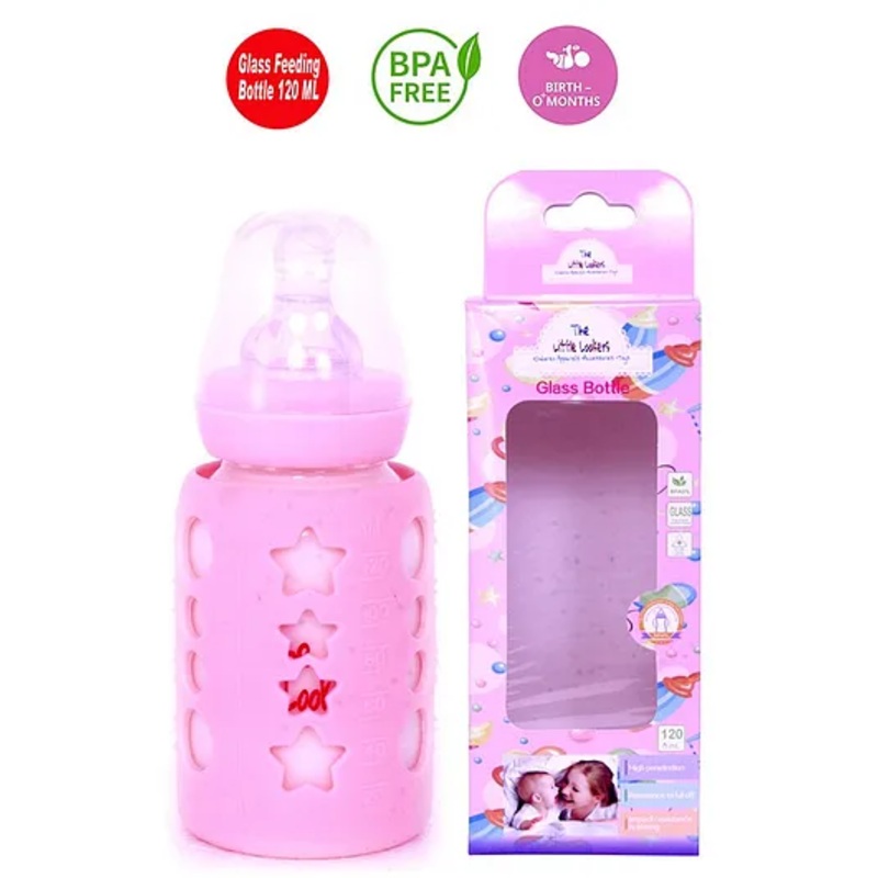The Little Lookers Glass Feeding Bottle With Silicone Warmer Cover Pink – 120 ml
