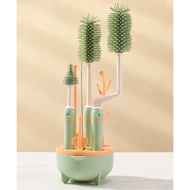 THE LITTLE LOOKERS Silicone Bottle Brush Set with Stand, 360 Rotating Silicone Bottle Cleaning Brush Cleaner Set, Long Handle 4 in 1 Multipurpose Silicone Baby Bottle Straw Cleaner Brush (Green)