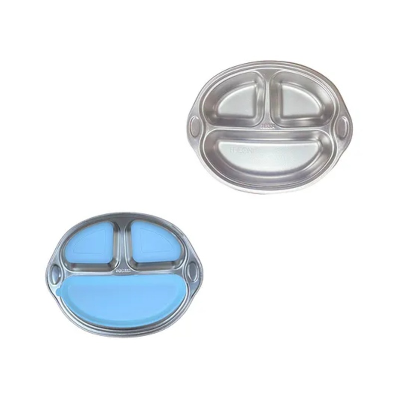 Theoni Stainless Steel Suction Monkey Plate for Toddlers   3 Compartment Baby Feeding Plate   BPA-Free & Dishwasher Safe(Blue Suction)