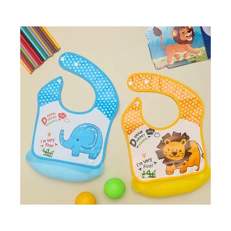 Yellow Bee Polyester Elephant and Lion Print Bib with Adjustable Closure for Boys  Blue and Yellow