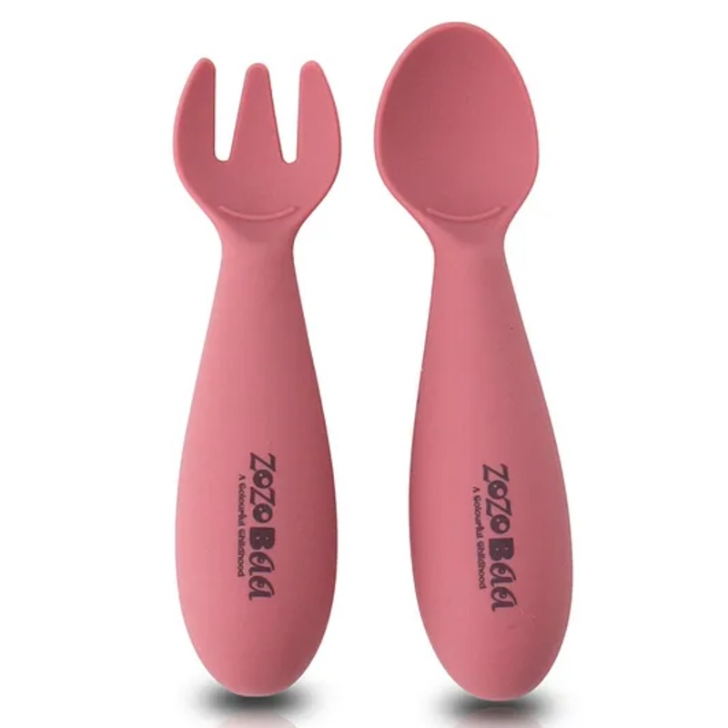 ZoZoBaa Baby Weaning Spoon & Fork Set, Chewable Silicone Utensils for Training Infants, Baby Led Self Feeding, 6 M+| Gum Friendly, BPA Free, Dishwasher Safe, Unbreakable, 1 Pair, Dark Red