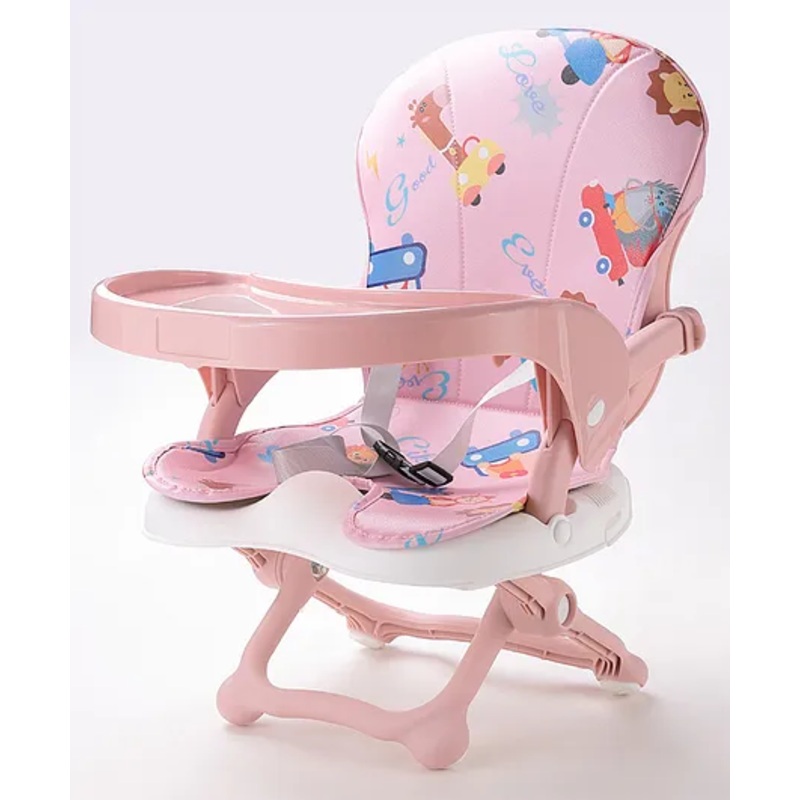 2 in 1 Portable Toddler Animal Print Booster Chair with Removable Tray & Seat Pad – Pink| Foldable Legs| Safety Harness