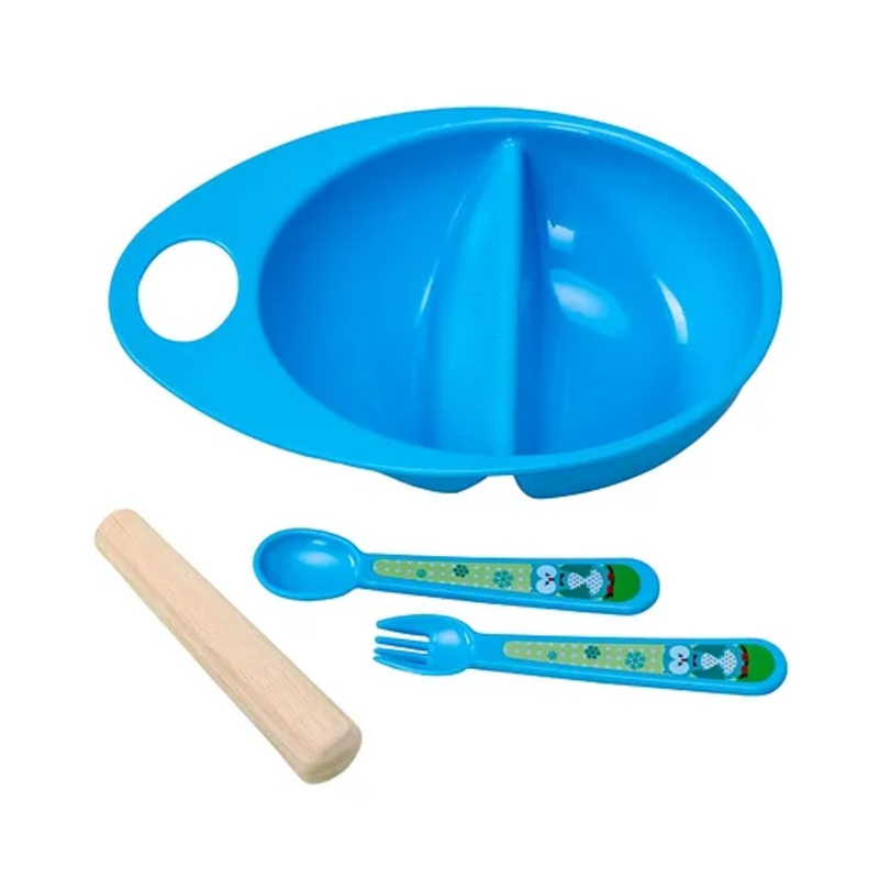 Adore Supper Hero Feeding Bowl with Spoon, Fork & Wooden Masher- Blue