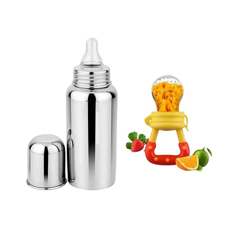 AEREX Stainless Steel Baby Feeding Bottle for Milk with Fruit Nibbler | Baby Feeding Milk Bottle | Feeding Bottle for Babies, Infants & Toddlers | Milk Drinking Bottle Ideal for Newborns – 240 ml