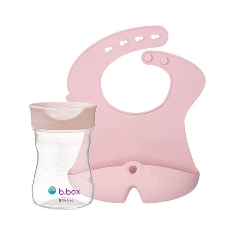 b.box Training Cup + Silicone Bib Combo | Pink | Easy-Grip Cup & Roll-Up Bib with Food Catcher | BPA-Free, Dishwasher Safe | 4m+