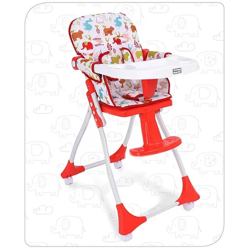Babyhug Bloom High Chair with Footrest Animal Print – Red| Compact Fold| Safety Harness| Removable Cushion| Adjustable Feeding Tray| Wheels with Lock