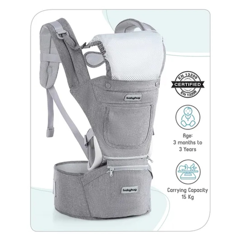 Babyhug Harmony 9-in-1 Ergonomic Baby Carrier with Hip Seat: Breathable fabric, Detachable hood, Padded straps, Pocket storage, and 9 carrying positions for babies up to 15 kg-Grey