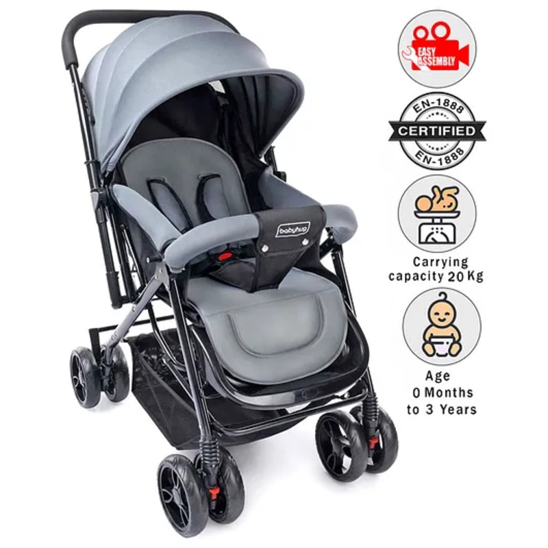 Babyhug Symphony Stroller With Reverisble Handle & Mosquito Net – Grey