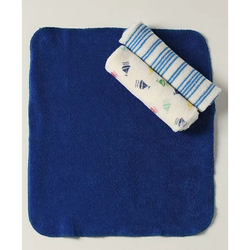 Ben Benny Terry Cotton Knit Super Absorbent Hand & Face Towels with Stripe Design Nautical Print & Solid Pack of 3 L 26 x B 25 cm – Blue & White