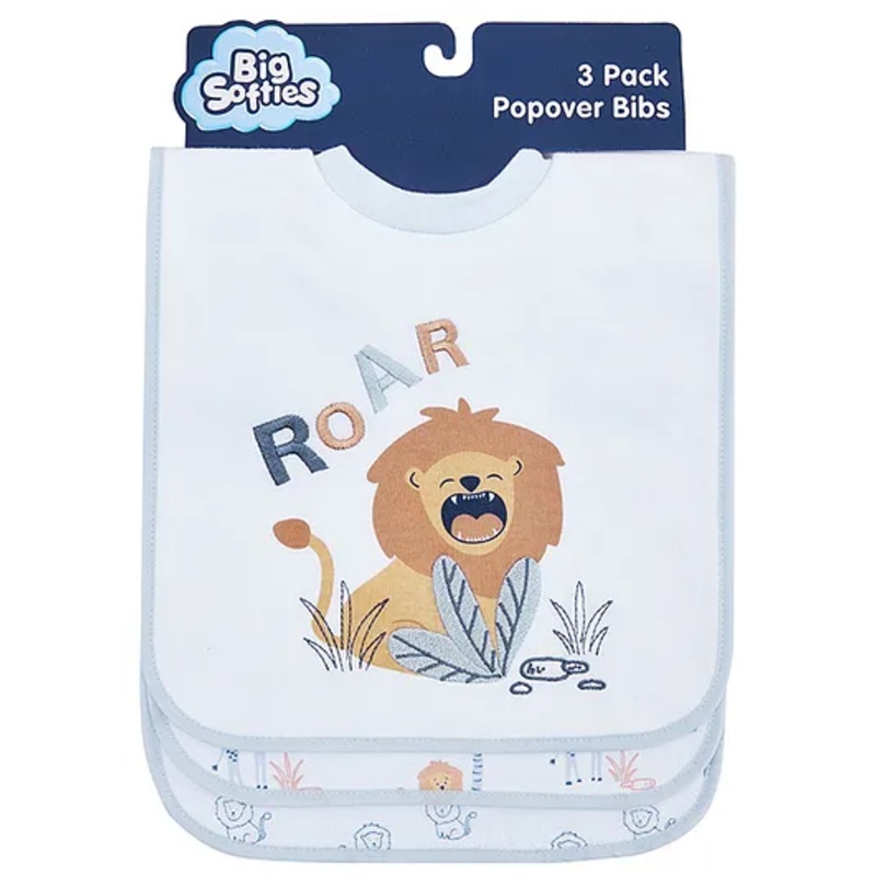 Big Softies Popover Bibs Printed & Applique Embroidery Soft Stretchable Rib Neck Blended Cotton Ultra Soft & Super Absorbent For Drooling, Teething & Feeding For Boys 6-36 Months Pack of 3-Lion