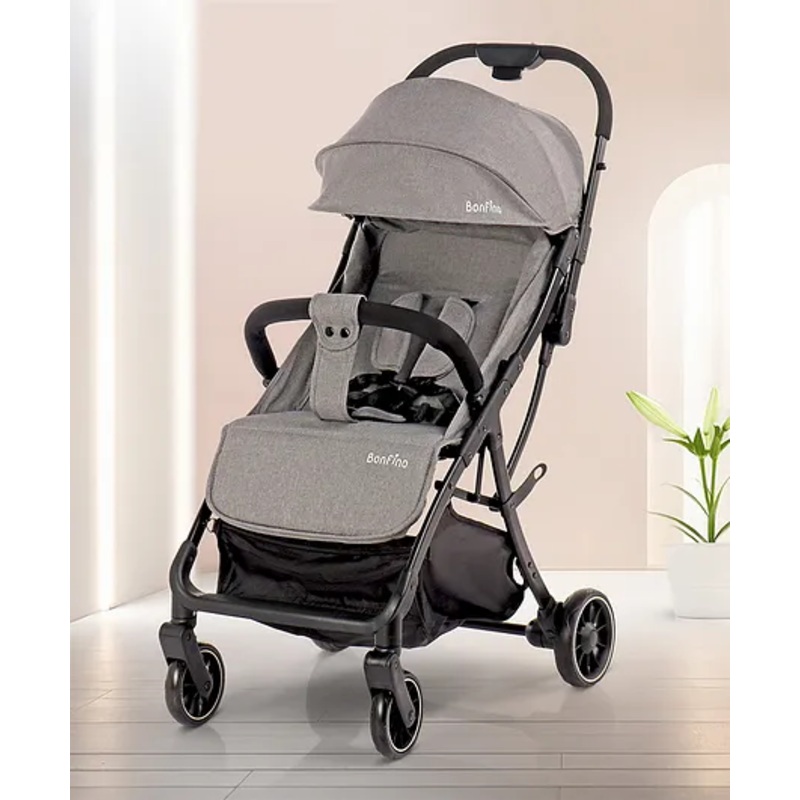 Bonfino Aero Lite Baby Cruiser Stroller, Single Hand Fold, 5-Point Safety Harness, Swivel Wheels – Grey| Reclining Backrest and Adjustable Foot Rest| Concealed Link Brake