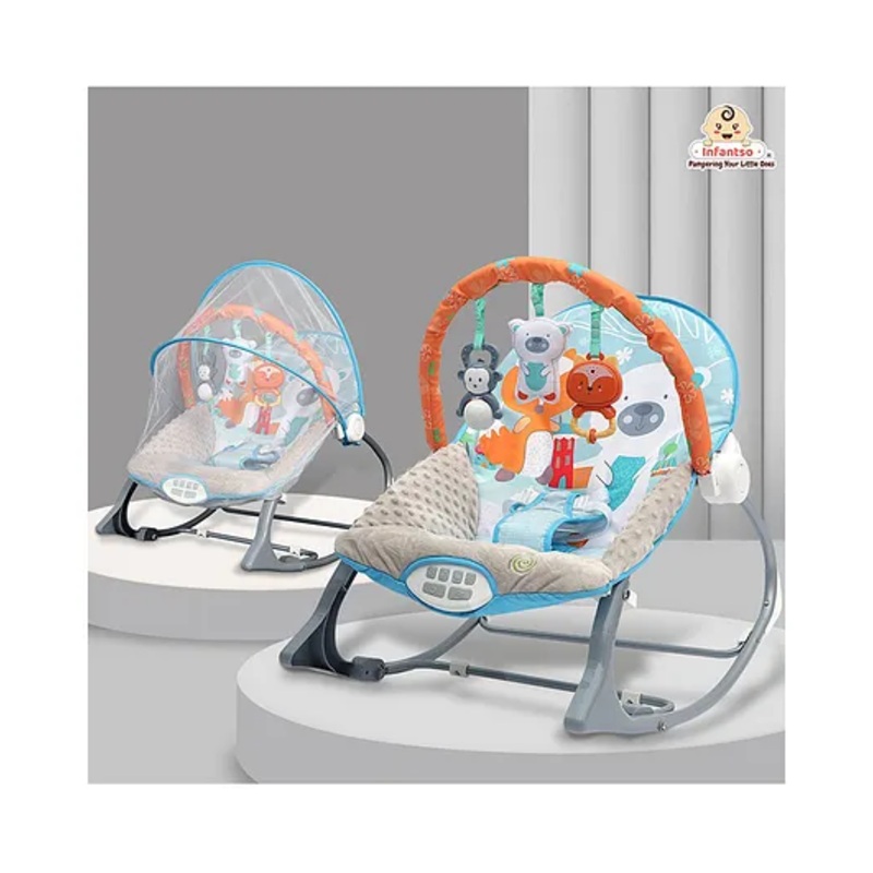 INFANTSO Baby Rocker Portable with Free Mosquito Net & Calming Vibrations & Musical Toy – Light Blue