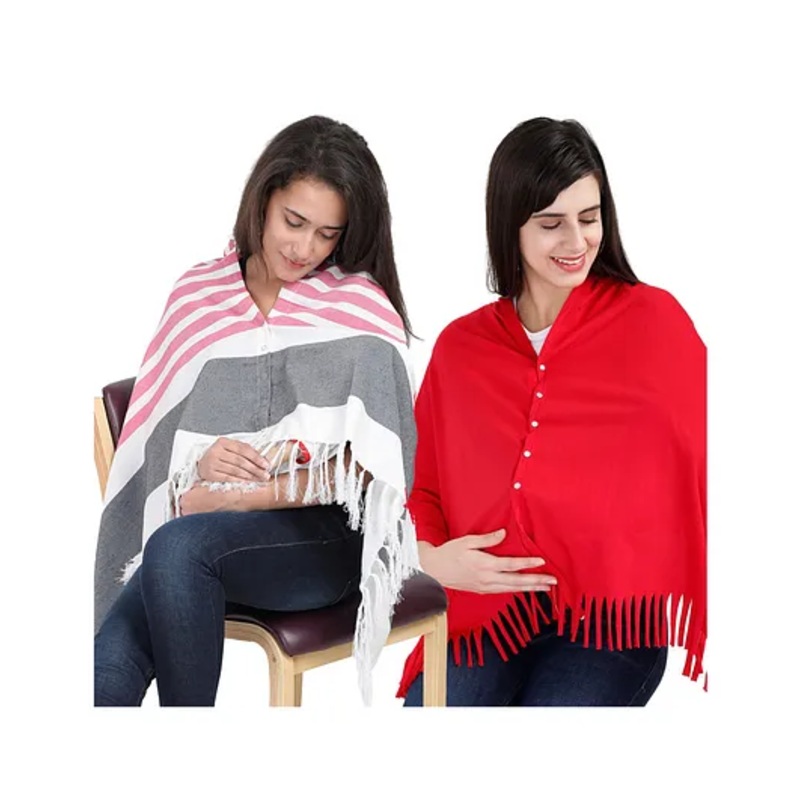 Lulamom Multi-Purpose Breast Feeding Nursing Shawl – Pack of 2 (Pink stripes & Red solid)