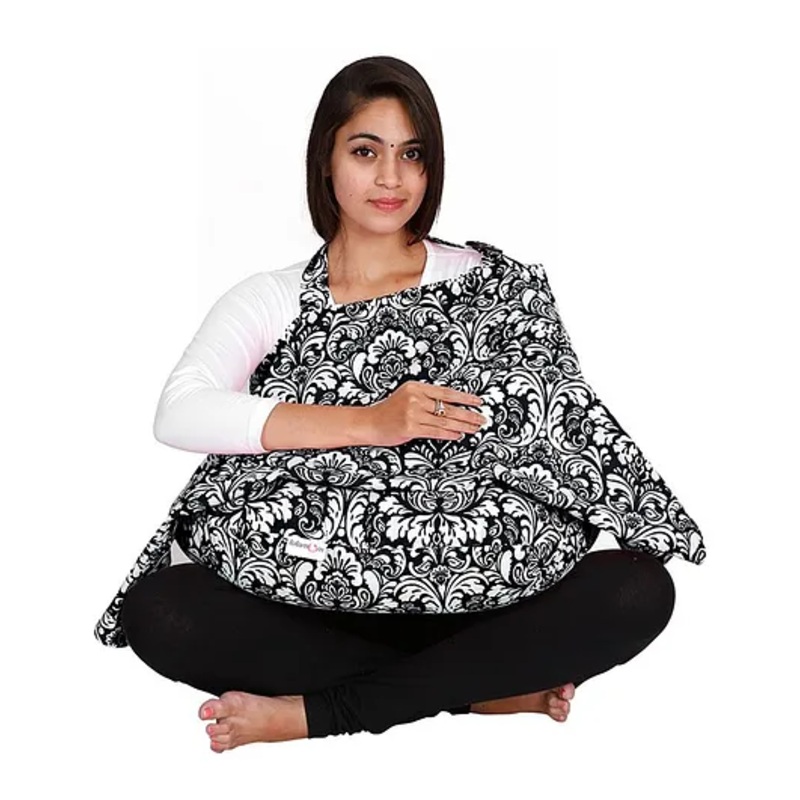Lulamom Printed Cotton Nursing Cover & Feeding Pillow Combo – Black