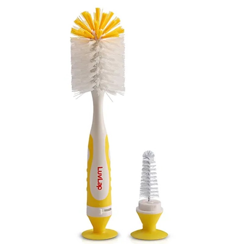 LuvLap 2-in-1 Bristle Baby Bottle Cleaning Brush & Nipple Cleaner, Grooved Handle with Suction Base, Cleans Bottles (Yellow)
