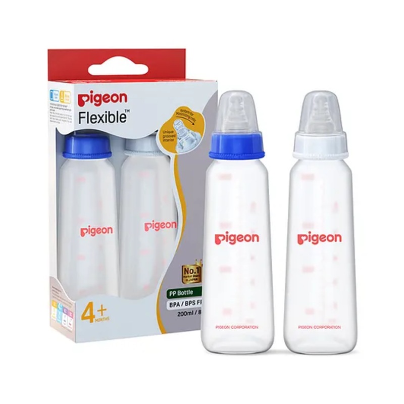 Pigeon Peristaltic Feeding Bottle Nipple Size Medium Pack of 2 Blue White – 200 ml each
