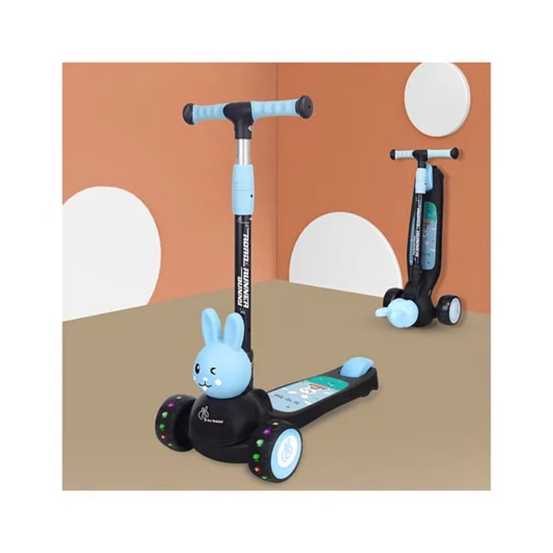 R for Rabbit Road Runner Bunny Kids Scooter, 3 Level Adjustable Height, Smart Fold & PU LED Wheels Kick Scooter with Brake for 3+ Years Kids, Weight Capacity Upto 75kgs (Black Blue)
