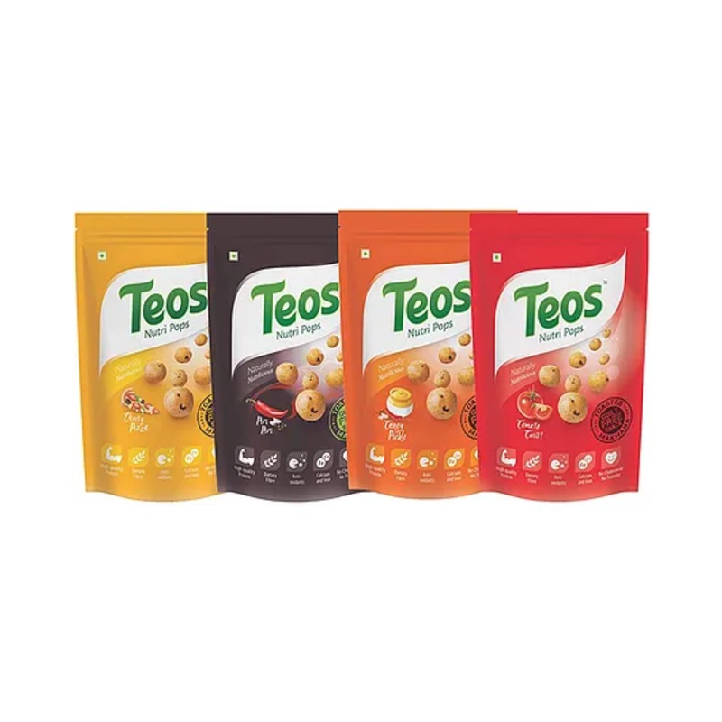 Teos Nutri Pops Makhana Snack Variety – Cheesy Pizza –  Piri Piri –  Tangy Pickle & Tomato Twist – Kids 2-10yrs – 65g x 4 Packs