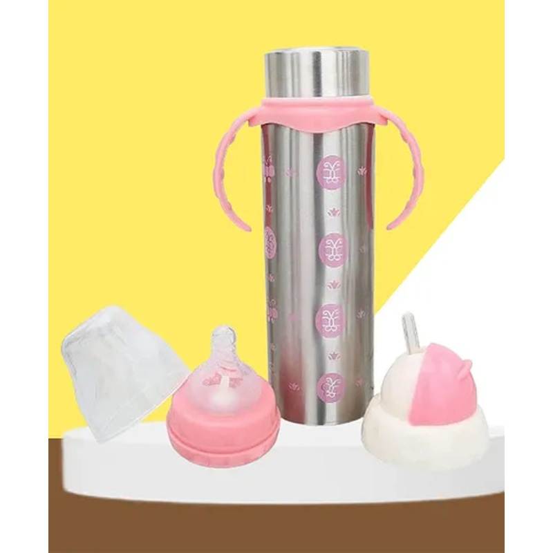 The Cheeky Kidzz Baby Multi-Functional 3 in 1 Printed Stainless Steel Attractive Thermal Baby Straw Nipple Feeding Water Juices Milk Sipper 240 ml Feeder Bottle – Pink Butterfly