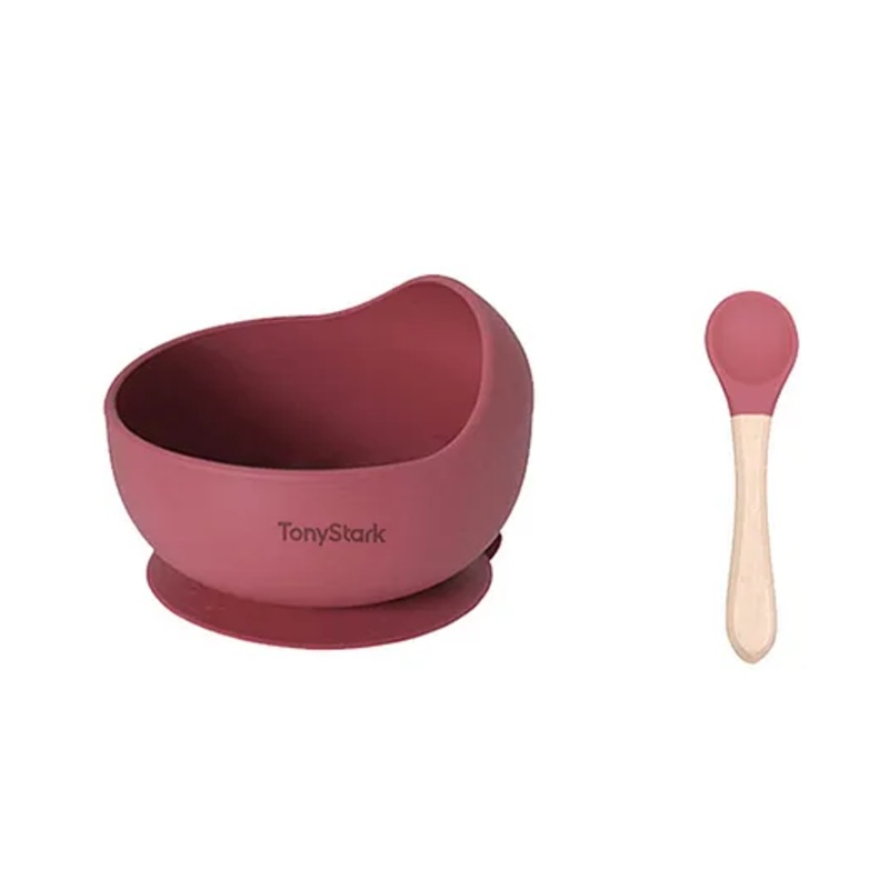 Tony Stark Silicone Bowl & Spoon for Baby Feeding, Good Suction Design for Toddler & Baby Bowl and Spoon Set, Non-Slip, BPA-Free Baby Product (Wine Red)
