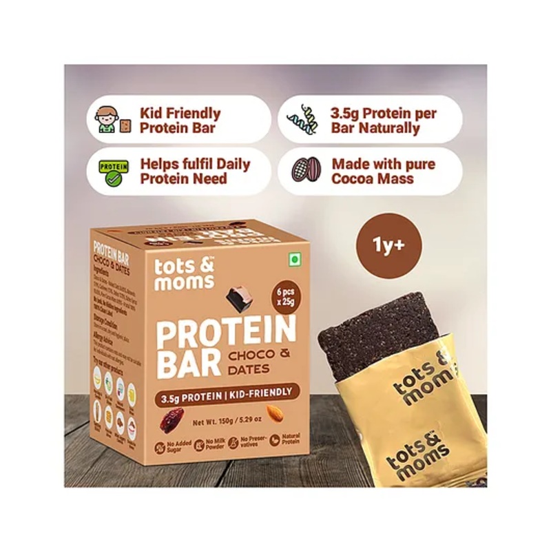 Tots & Moms Kids-Friendly Protein Bar  Choco & Dates (25g x 6) | 3.5g Protein per Bar | Antioxidant-Rich Cocoa & High-Fiber Oats | No Maida, Refined Sugar, or Preservatives