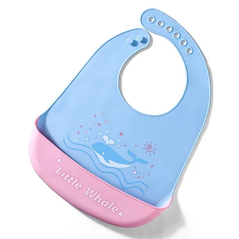 Water-Resistant Baby Silicone Bib, Whale Print Light Blue | Food-Grade Silicone | BPA-Free| Crumb Catcher | Adjustable Fit | Travel-Friendly | Reusable Bib|