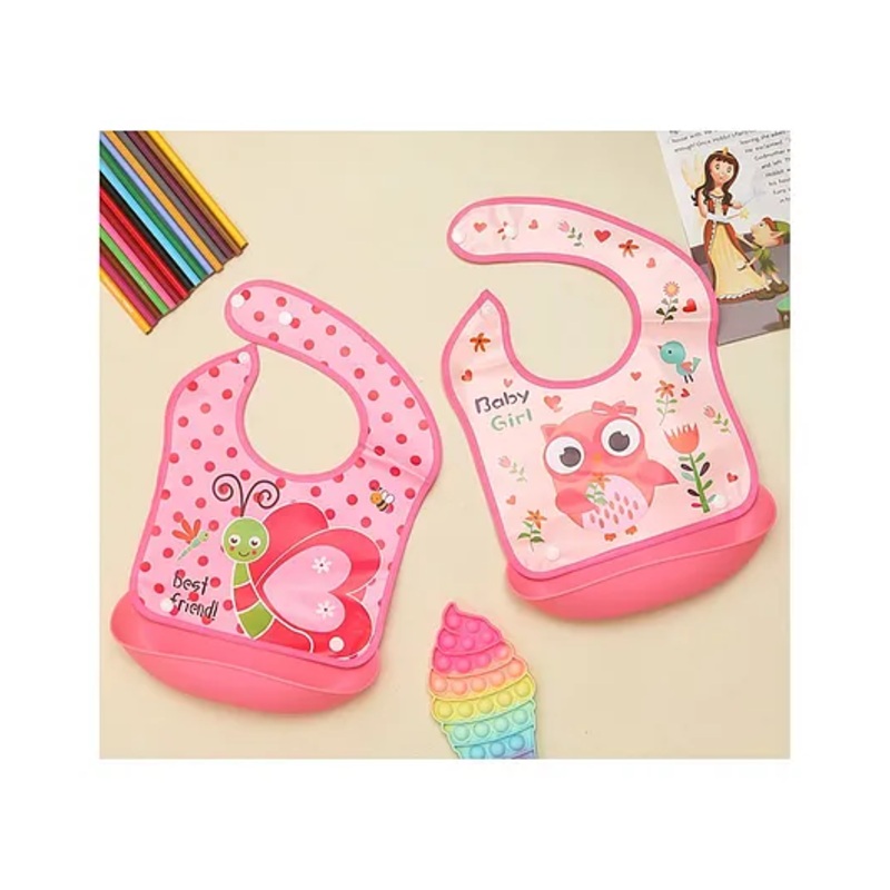 Yellow Bee Polyester Owl and Butterfly Print Bib with Crumb Catcher and Adjustable Closure for Girls Peach Pink