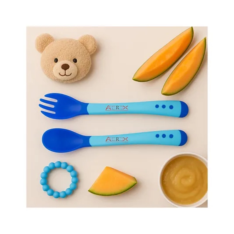 AEREX BPA Free Heat Sensitive Baby Feeding Spoons Set | Temperature Sensing Spoons | Baby Feeding Silicone Spoon Set | Food Grade PP Kids & Baby Spoon with Soft Silicone Tip (Blue)
