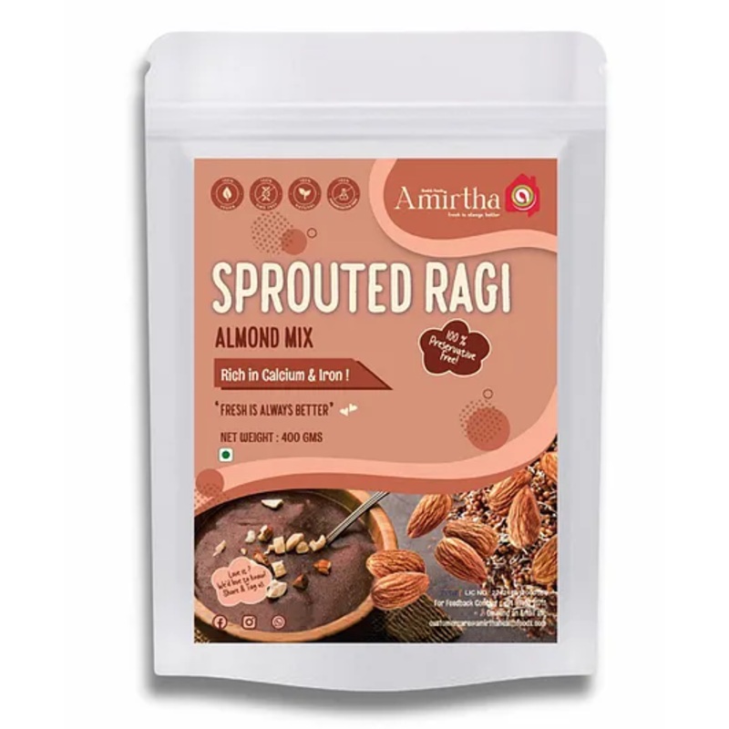 Amirtha Health Foods – Sprouted Ragi Almond Mix – 400g | Iron & Calcium | Non-Instant mix | Porridge, Puttu, Dosa, Rotis