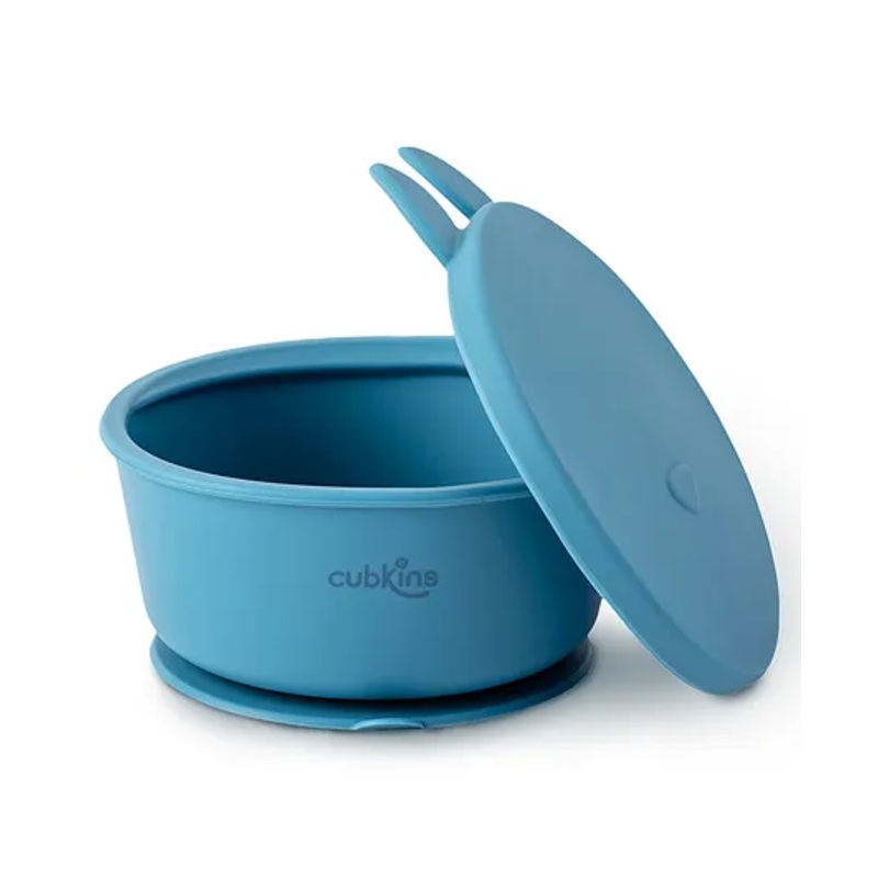 CUBKINS Bowl for Babies, Infants & Toddlers with Suction Base & Fun Lid | BPA Free, Food Grade, FDA Approved | Strong Suction | Washable & Reusable (Blue Olive)