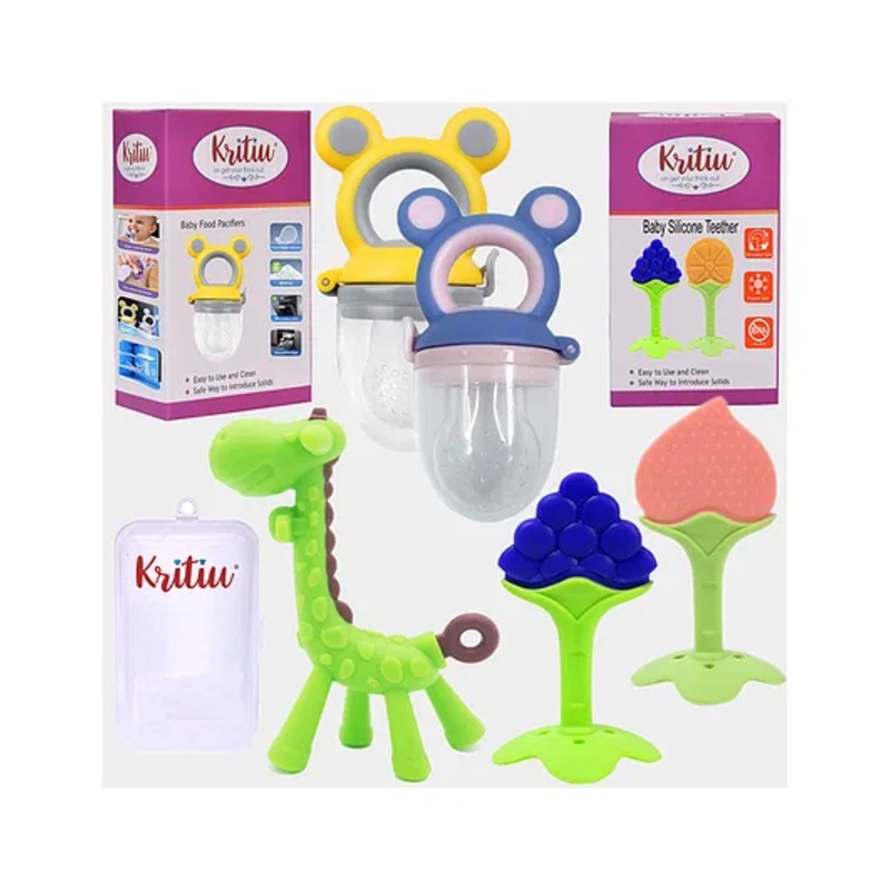 Kritiu Baby Silicone Teether Fruit Nibbler & Combo Pack Of 5 Non Toxic BPA Free Teething Toys – Multicolor