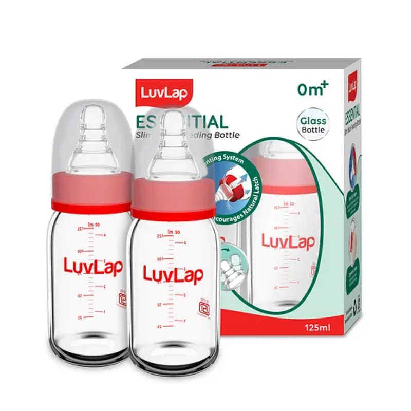 LuvLap Essential Slim Neck Glass Feeding Bottle, 125ml, 0m+, BPA Free, Borosilicate Glass, Anti-Colic Nipple, Ergonomic Shape, Pack of 2, White & Red
