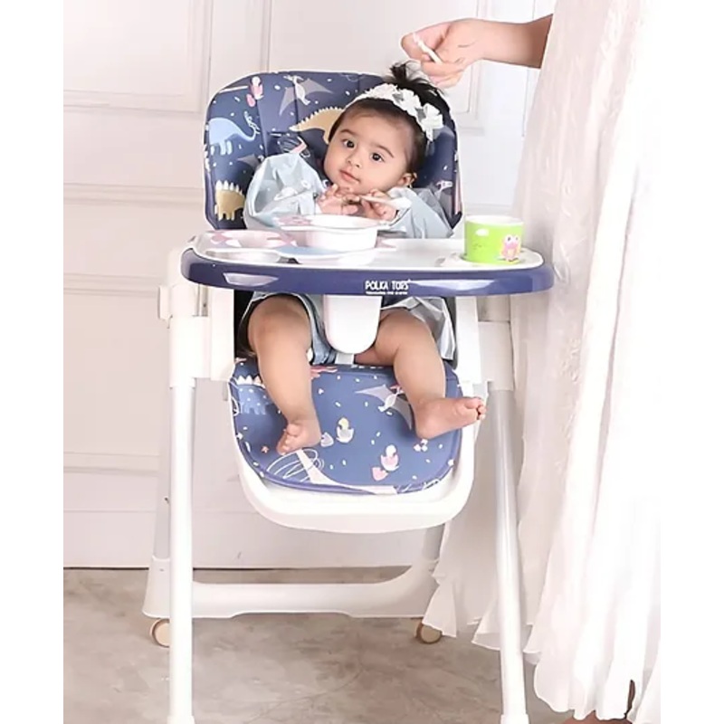 Polka Tots Luxury High Chair for Babies  Twist n’ Taste Dinosaur Print | 7 Height Levels, One-Click Fold, 3 Recline Positions, Footrest, Extra Cushion, Wheels & Basket